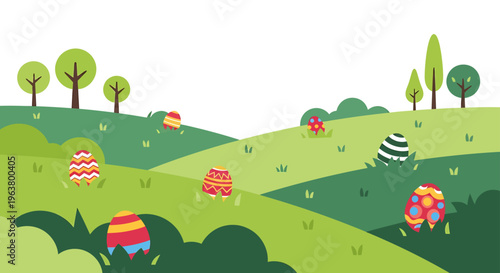 a vibrant cartoon landscape with decorated easter eggs hidden among green hills perfect for a springtime easter egg hunt celebration or holiday design.