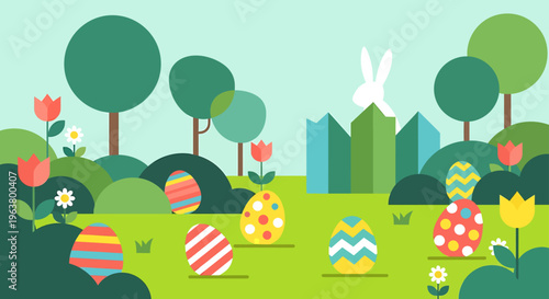 a vibrant easter egg hunt scene in a lush green park with colorful eggs and a white bunny perfect for spring holiday celebrations.