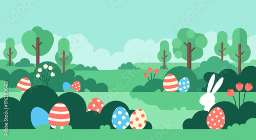 a vibrant easter egg hunt with a cute easter bunny exploring a lush spring landscape ideal for holiday celebration.