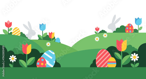 a vibrant easter egg hunt with cute bunnies colorful eggs and spring tulips across green hills in flat design.