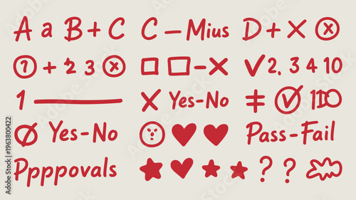 A collection of red handwritten doodles including letters numbers symbols and simple illustrations on a light background high quality professional detailed modern elegant stylish clean crisp