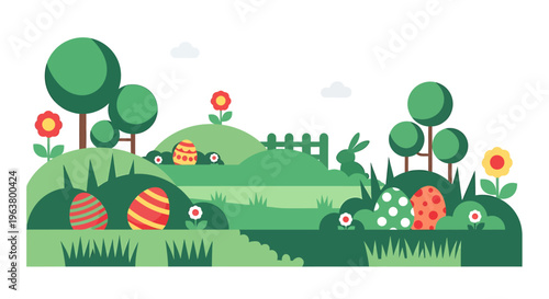 an easter egg hunt in a vibrant spring landscape with colorful eggs hidden in green hills and a cute bunny perfect for holiday celebration backgrounds.