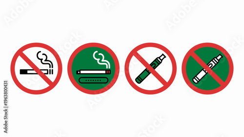 A series of four circular prohibition signs depict various smoking and vaping devices with red slashes high quality professional detailed modern elegant stylish clean crisp vibrant