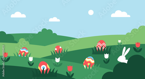 an easter egg hunt with an easter bunny and colorful eggs hidden in a vibrant spring landscape depicting festive holiday fun.