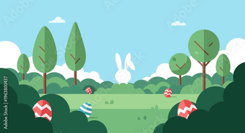 an easter egg hunt with a white easter bunny and colorful decorated eggs hidden in a lush green forest clearing on a sunny spring day.
