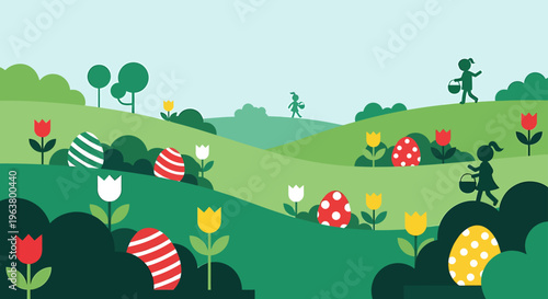 children enjoy an easter egg hunt in a vibrant spring landscape with colorful tulips and hidden decorated eggs perfect for holiday greetings.