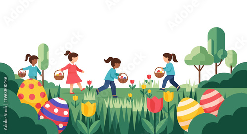 children enjoy an exciting easter egg hunt in a vibrant spring park collecting colorful eggs in baskets during a fun outdoor holiday activity