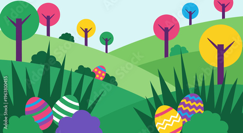 vibrant easter egg hunt illustration with colorful eggs hidden in grassy hills and playful trees in a spring nature landscape.