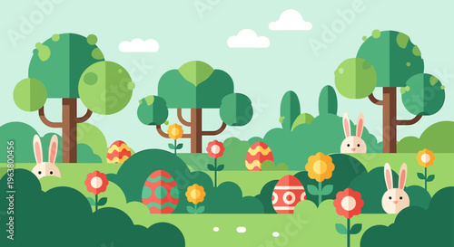 vibrant easter egg hunt illustration with cute bunnies and colorful eggs in a cheerful spring landscape flat design style.
