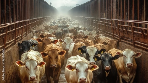 dense herd of cows crowded in a narrow metal-fenced chute with muddy floor and mist ahead, tense somber atmosphere