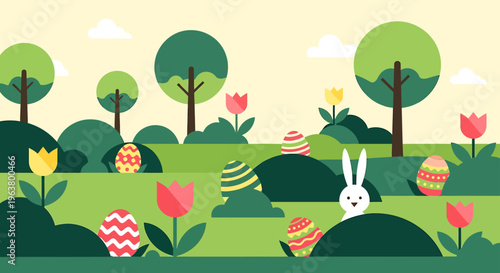 vibrant easter egg hunt with a cute easter bunny peeking in a cheerful spring landscape perfect for holiday greetings or childrens designs.