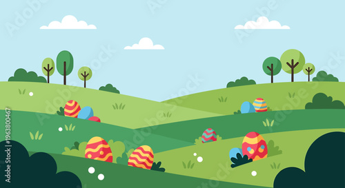 vibrant easter egg hunt in a spring landscape flat design illustration colorful eggs on green hills for holiday celebration.