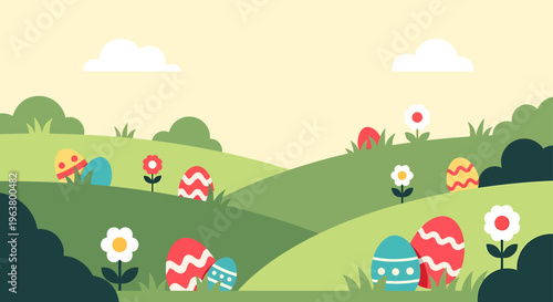 vibrant easter eggs scattered across a cheerful green spring landscape with simple flowers and clouds perfect for holiday greetings.