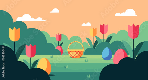 vibrant flat design easter egg hunt scene with colorful hidden eggs tulips and a basket in a spring meadow