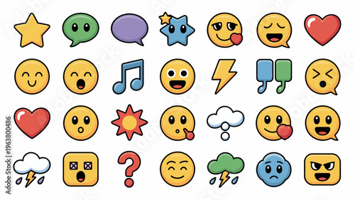A colorful collection of cartoonish emoticons and symbols are arranged closely together on a plain white background high quality professional detailed modern elegant stylish clean crisp