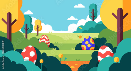 vibrant flat design easter egg hunt illustration hidden in a cheerful spring landscape perfect for childrens holiday content.
