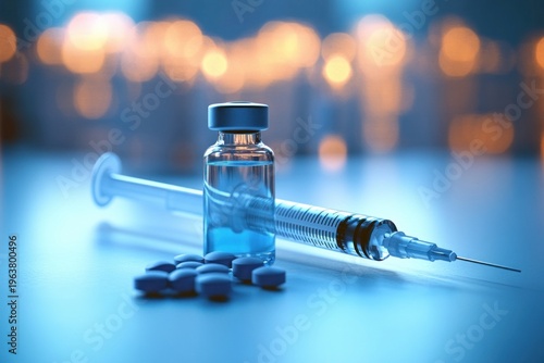 glass vaccine vial with syringe and scattered pills on glossy surface with warm bokeh background, clinical blue lighting conveying a tense hopeful medical mood