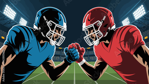 An illustration depicts two american football players facing off helmets nearly touching preparing for a competitive game on a vibrant field high quality professional detailed modern
