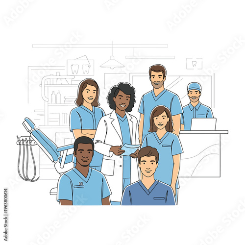 a diverse dental team of healthcare professionals and assistants posing in a modern clinic ready to assist patients.