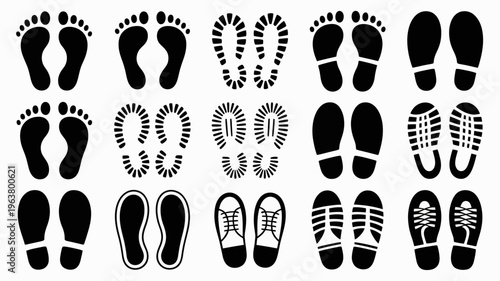 A collection of black footprints and shoe prints are displayed on a white background showcasing various sole patterns and sizes high quality professional detailed modern elegant