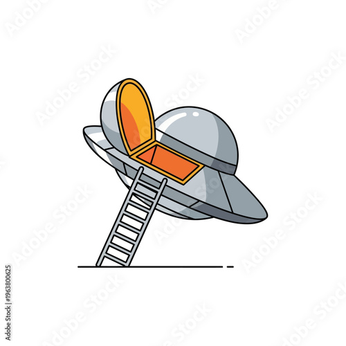 a ufo flying saucer alien spaceship with an open hatch and ladder landed on the ground in flat design style