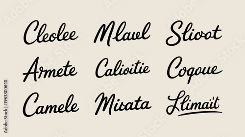 An assortment of handwritten names in cursive script are displayed against a neutral beige background showcasing different styles high quality professional detailed modern elegant stylish clean
