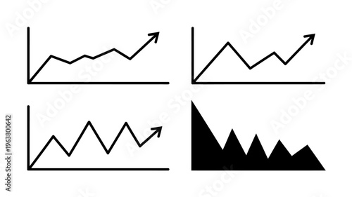 A collection of four simple black line graphs illustrating various data trends including growth decline and fluctuation high quality professional detailed modern elegant stylish clean crisp