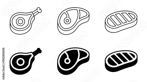 A black and white illustration depicts various cuts of meat including chicken drumsticks steaks and chops arranged in a simple grid pattern high quality professional detailed