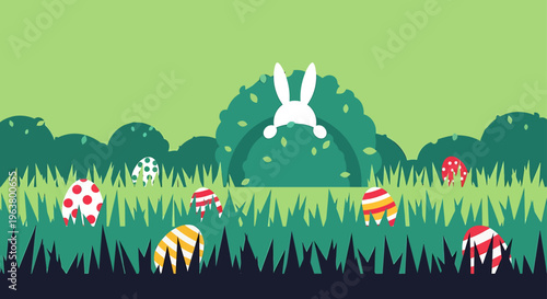 a vibrant easter egg hunt scene featuring a cute white bunny peeking from green bushes ideal for spring holiday celebrations.