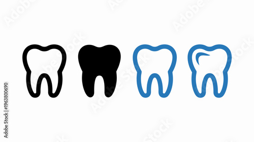 A set of four tooth icons are displayed varying in color and fill representing different dental states or options high quality professional detailed modern elegant stylish