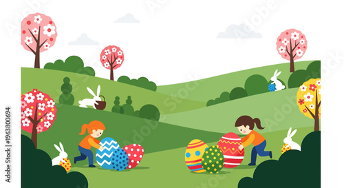 children enjoying a modern flat design easter egg hunt in a vibrant spring outdoor landscape pushing colorful eggs as bunnies join the fun