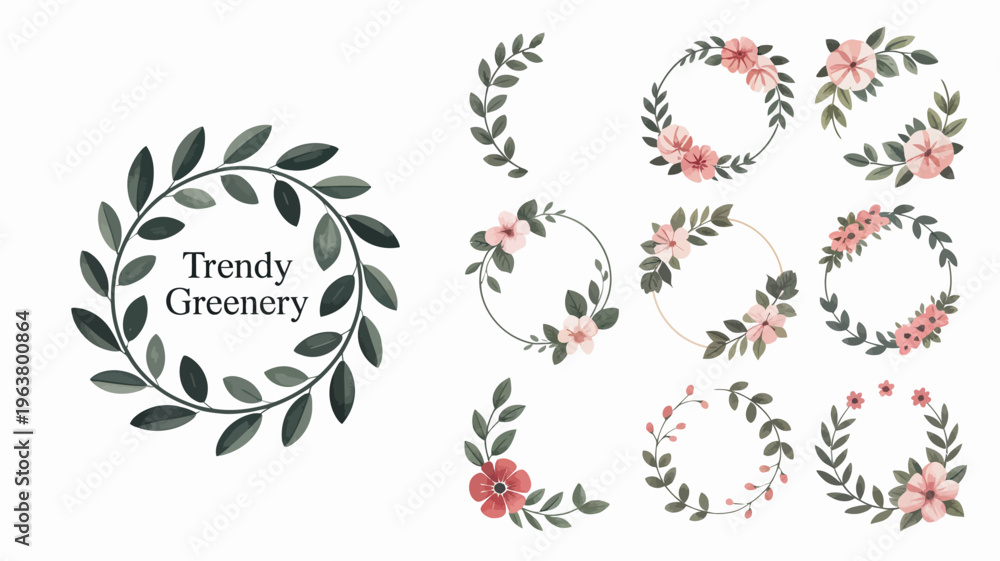 Fototapeta premium A collection of watercolor floral wreaths and greenery arrangements showcasing delicate pink blossoms and lush green leaves high quality professional detailed modern elegant stylish clean crisp