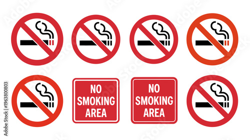 A collection of red and white no smoking signs both circular and rectangular prohibiting the act of smoking in designated areas high quality professional detailed modern