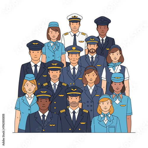 diverse airline crew and aviation professionals pilots and flight attendants standing together representing air travel careers.