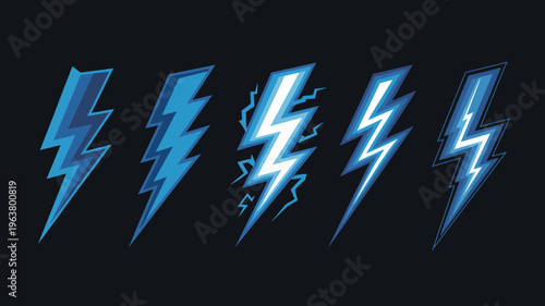 A series of five bright blue lightning bolt illustrations are displayed against a dark solid black background showcasing varied designs high quality professional detailed modern elegant