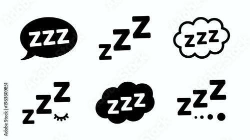 A collection of black and white icons depicts sleep and dreaming featuring zzz text and cloud shapes high quality professional detailed modern elegant stylish clean crisp