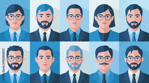 A grid of nine diverse flat design portraits depicts young professionals wearing glasses and business attire showcasing a modern minimalist style high quality professional detailed elegant