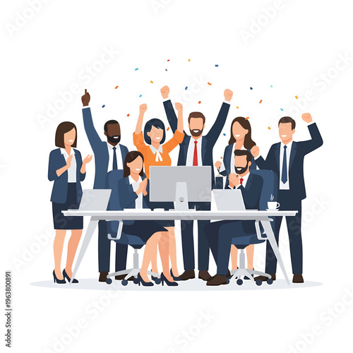 diverse business team celebrating success in a modern office cheering and clapping after achieving a great accomplishment.