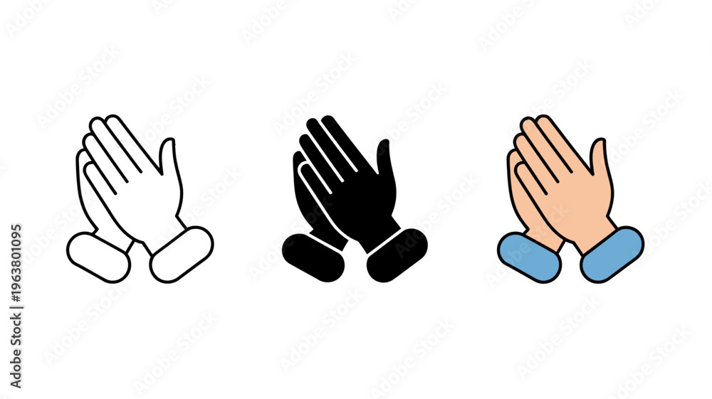 Obraz premium Three illustrations depict praying hands in varying styles outline solid black and colored with blue accents symbolizing faith and devotion high quality professional detailed modern elegant