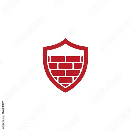 Clean vector graphic of a robust red shield with brick wall pattern, symbolizing digital cybersecurity, network firewall protection, and internet data defense