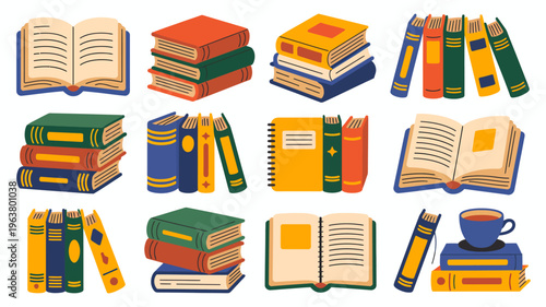 A colorful collection of stacked and open books is displayed representing knowledge learning and literature in a playful style high quality professional detailed modern elegant stylish