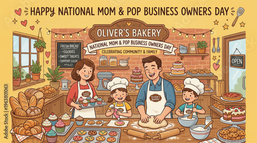 A happy family with children and a dog celebrate a birthday with a cake in a room featuring a cartoon illustration of a Christmas nativity scene painting