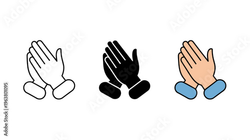 Three illustrations depict praying hands in varying styles outline solid black and colored with blue accents symbolizing faith and devotion high quality professional detailed modern elegant