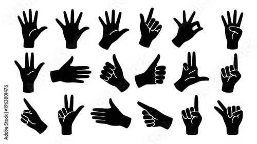 A collection of black silhouette hands displays various gestures including pointing counting thumbs up and the ok sign high quality professional detailed modern elegant stylish clean