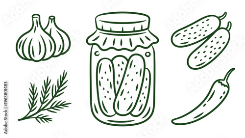 A charming hand drawn illustration depicts various pickled ingredients including cucumbers garlic chili peppers and dill in a jar high quality professional detailed modern elegant stylish