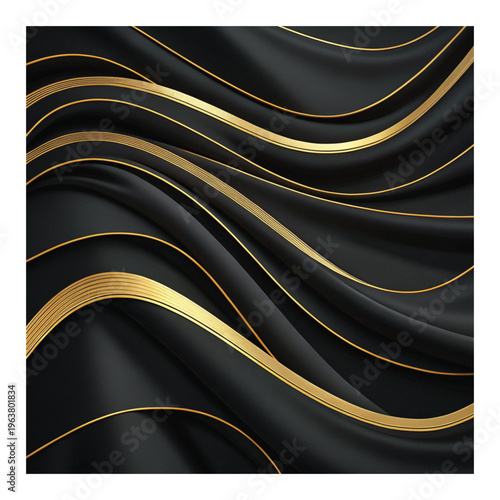 Black fabric draped with flowing gold lines and ribbons silk satin