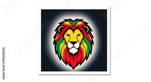 Stylized colorful lion head illustration in rasta colors on a dark background
