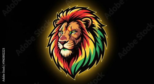 Rasta lion head with colorful mane and glowing outline