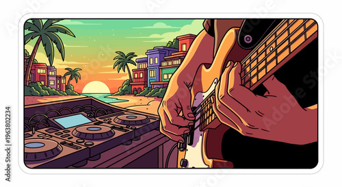 Playing guitar at a beach party with DJ setup at sunset