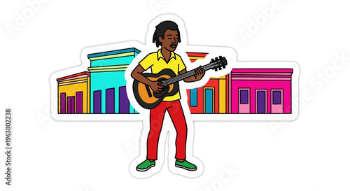 Musician playing guitar on street with colorful buildings